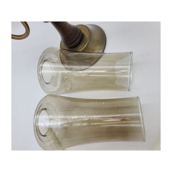 Vintage Mid Century Brass & Wood Double Arm Candle Holder w/Glass Shades - Picture 9 of 10